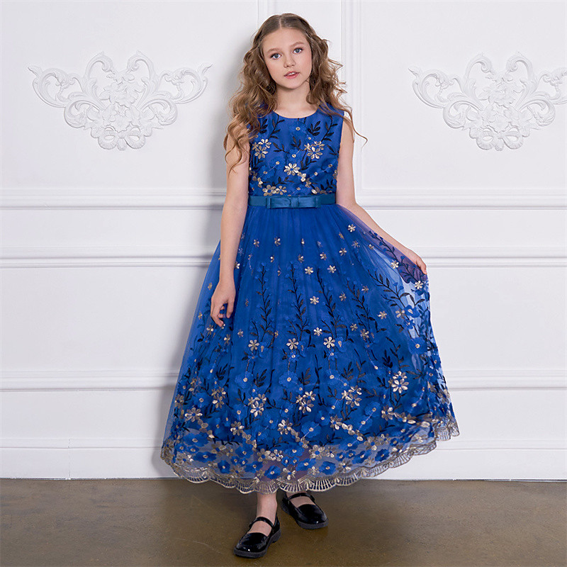 Kids Girls' Party Dress Floral Sleeveless Performance Birthday Mesh Tie Knot Beautiful Sweet Polyester Maxi Party Dress Swing Dress A Line Dress Summer 4 years Champagne Blue Green