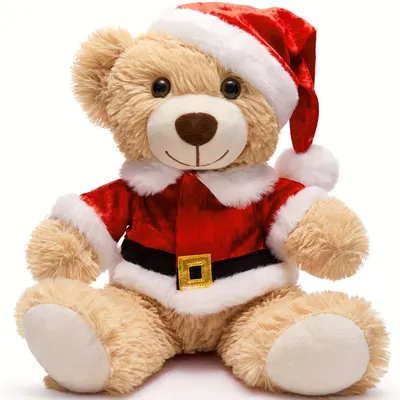 Christmas Teddy Bear Stuffed Animal - 13.8 inch Light Brown Polyester Fiber Plush Bear with Santa