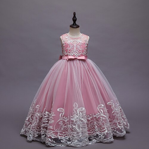 Blumenmädchenkleid Kinder Mädchen Prinzessinenkleid Leistung Hochzeit Party Elegant Schön Gitter Feste Farbe Ärmellos Rundhalsausschnitt Hellrosa Weinrot 4 Jahre Image
