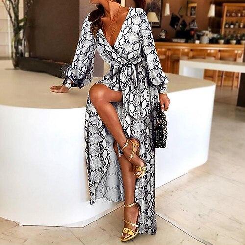 Damen kleid lang Casual kleid Elegant Stilvoll Urlaub Verabredung Lockere Passform Graphic Langarm V Ausschnitt Schwarz und Weiß Frühling Herbst