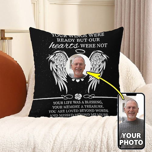 Individuelle Gedenk-Kissenbezug Fotokissenbezug Wurfkissen Mitgefühl Geschenk Personalisierte Gedenkgeschenke Deine Flügel Image