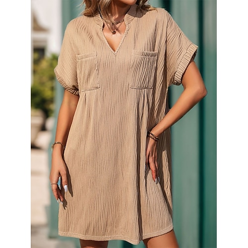 Damen Casual kleid Minikleid Tasche Brautkleider schlicht V Ausschnitt Kurzarm Khaki Farbe Image