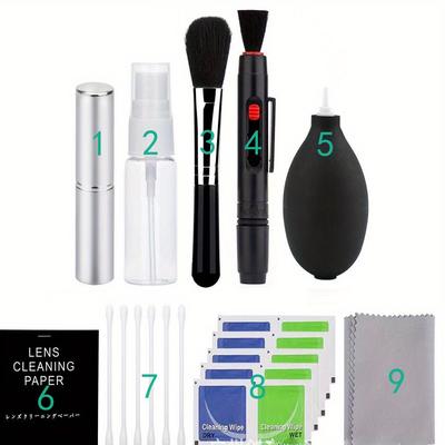 TEMU 9-in-1 Camera Lens Cleaning Kit With Air Blower, Dual- Pen, Soft Brush, Sensor Swabs, Lens Tissues, Microfiber Cloths & Storage Box - Complete Camera Maintenance, Lens Cleaning Cloth