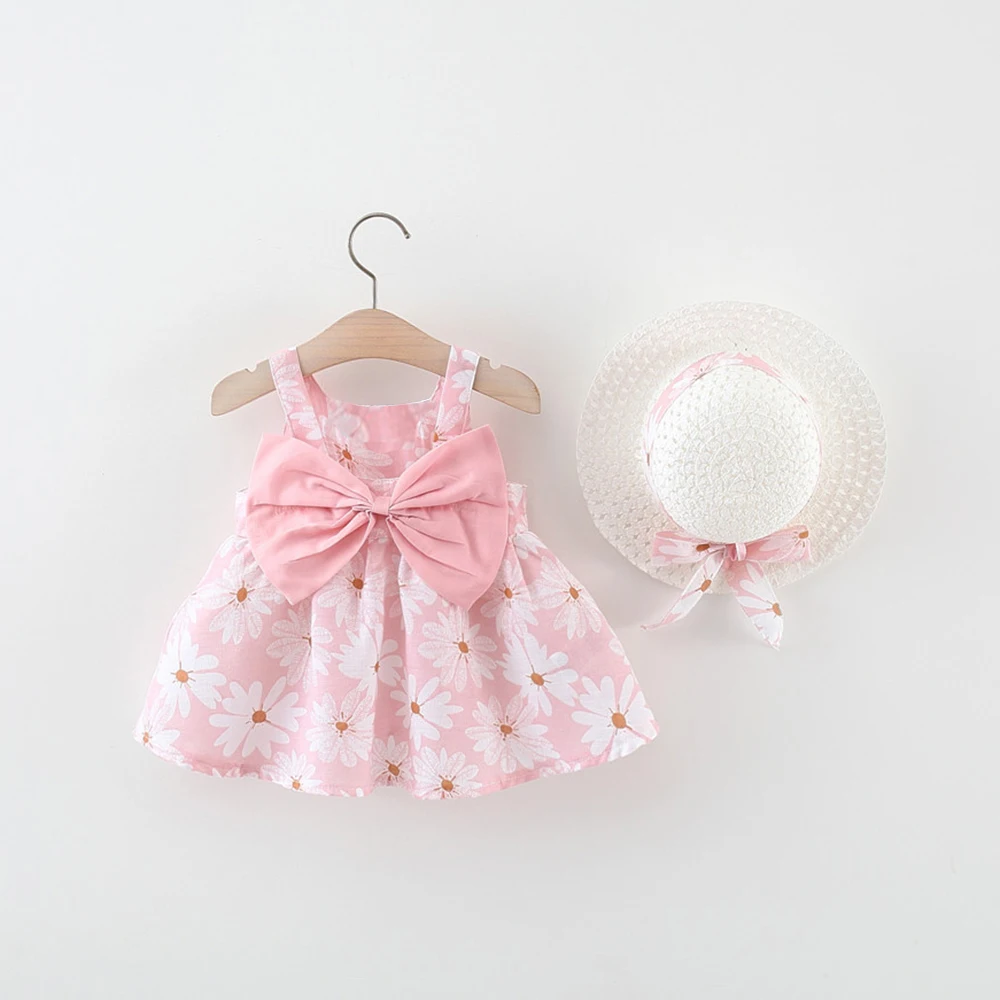 Sommer Baby Mädchen Kleid mit kleinen Gänseblümchen Print Bogen Riemen Kleid Mädchen Strand Prinzessin Kleid mit Hut Image