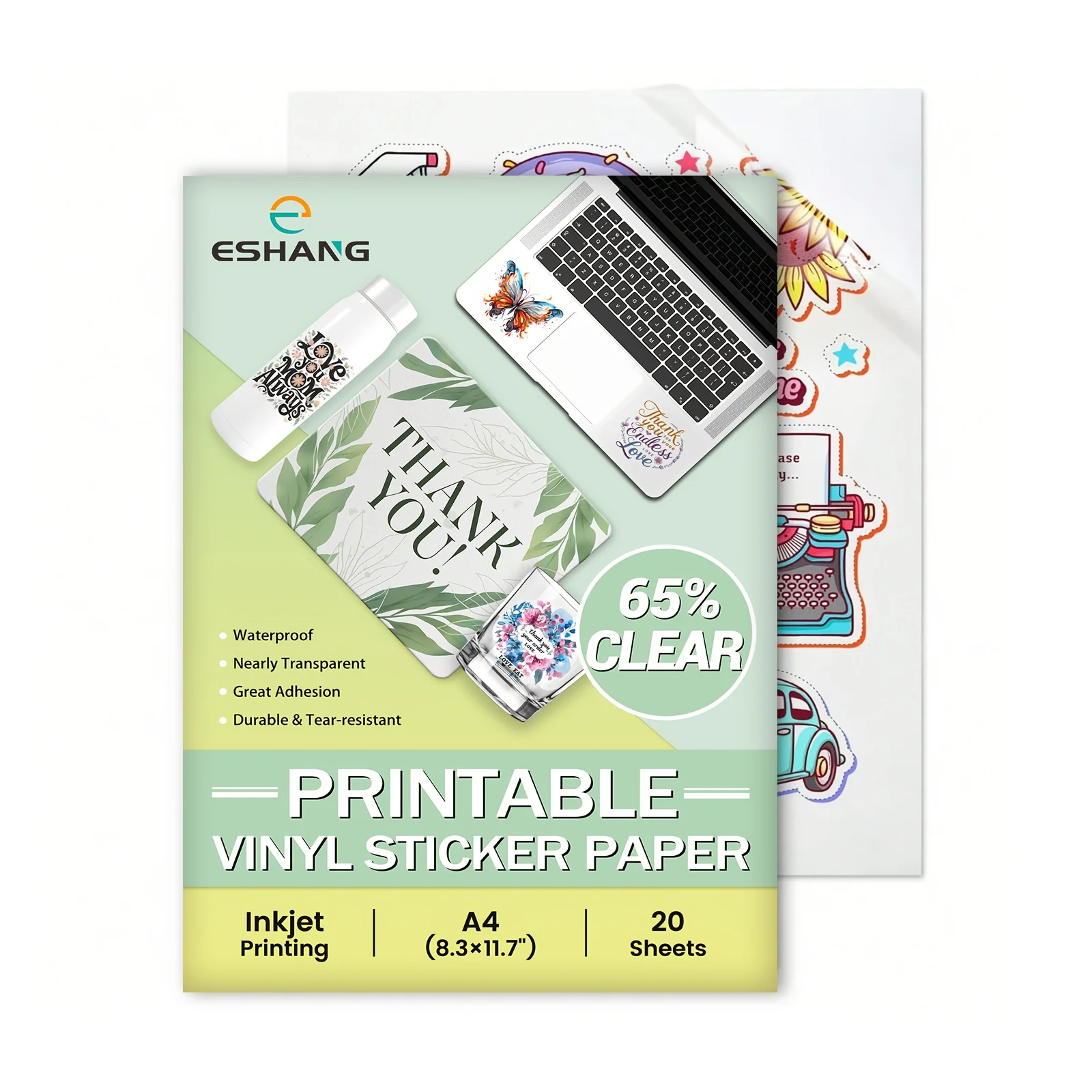 20 Blatt hochwertiges, durchscheinendes, durchsichtiges, bedruckbares Vinyl-Aufkleberpapier im A4-Format, 8,3 x 11,7 Zoll, wasserfestes, selbstklebendes Aufkleberpapier Image