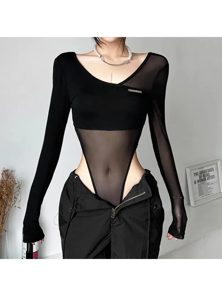 2023 Dark Cyber Y2k Mesh Patchwork Sexy Bodys Gothic Punk Backless Transprent Weibliche T-shirts Langarm Bodycon V-ausschnitt Top