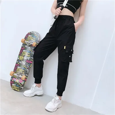 Black Cargo Pants Women Casual Joggers High Waist Loose Female Hip Hop Trousers Korean Punk Pants Funny Capri Streetwear Femme