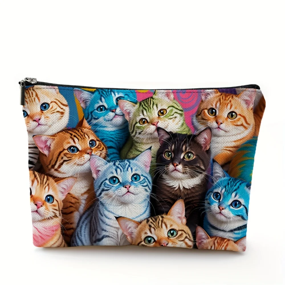 1pc Wunderliche Katze Leinen Make-Up Tasche Geldbörse Kulturbeutel Reisetasche Professionelle Make-Up Koffer Frauen Kosmetik Fällen Image