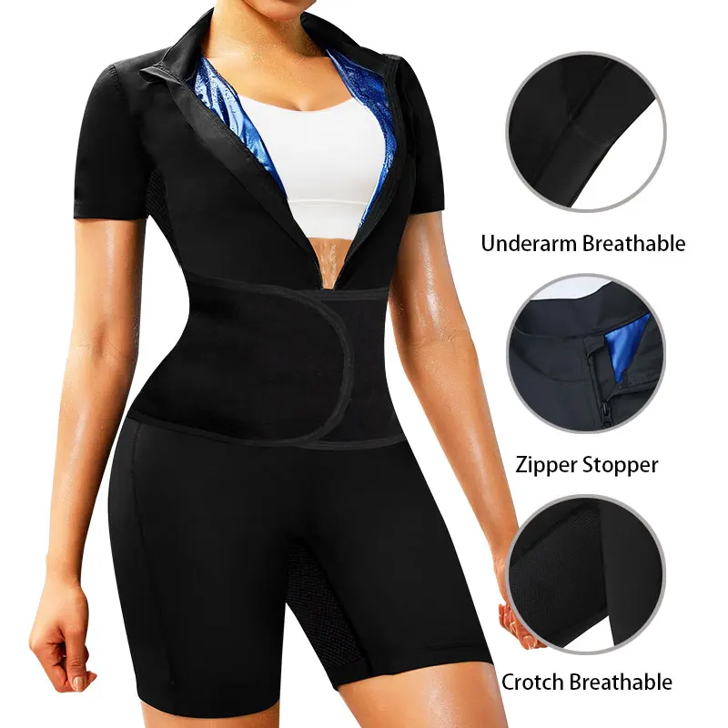 3-in-1 Ganzkörper-Overall, Sauna-Schwitzanzug für Damen, Gewichtsverlust, Stehkragen, kurze Ärmel, Shorts, Workout, Sweat-Shirt, Body Shaper Image