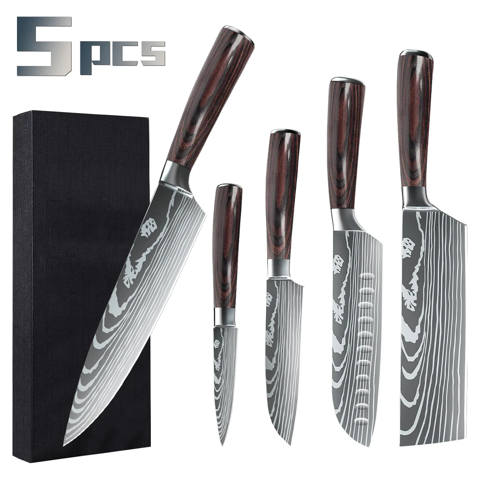 MDHAND 5-teiliges Küchenmesser-Set aus Edelstahl mit Laser-Damast-Muster, Kochmesser, scharfes Santoku-Spalter, zum Schneiden von Allzweckmesser Image