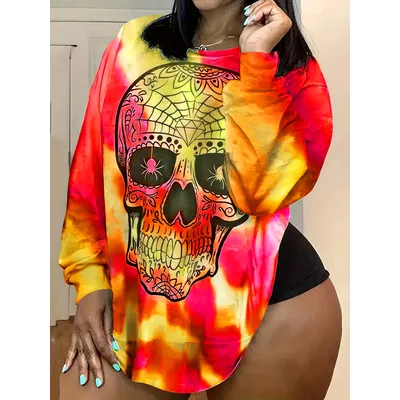 Plus Size Halloween Print Tie Dye T-Shirt lässig Langarm Top mit Rundhals ausschnitt für Frühling und Herbst geeignet