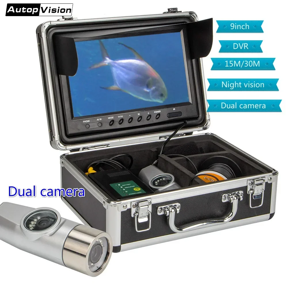 WF21 Unterwasserkamera 15 m 30 m Dual-Kamera mit 9-Zoll-Bildschirm mit IR-LED-Kamera zum Angeln / Schornstein / Brunnen mit DVR-Recorder