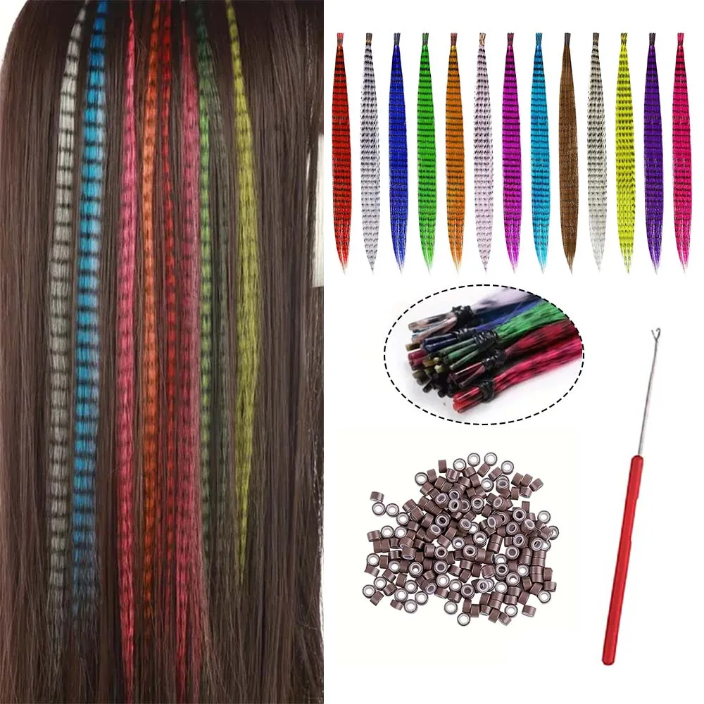 Synthetische farbige I-Tip-Haarverlängerungen mit Kunstfedern, 40,6 cm, 20 Stränge, hitzebeständige Fasern für Damen, Festival-Erweiterungen, Zubehör Image