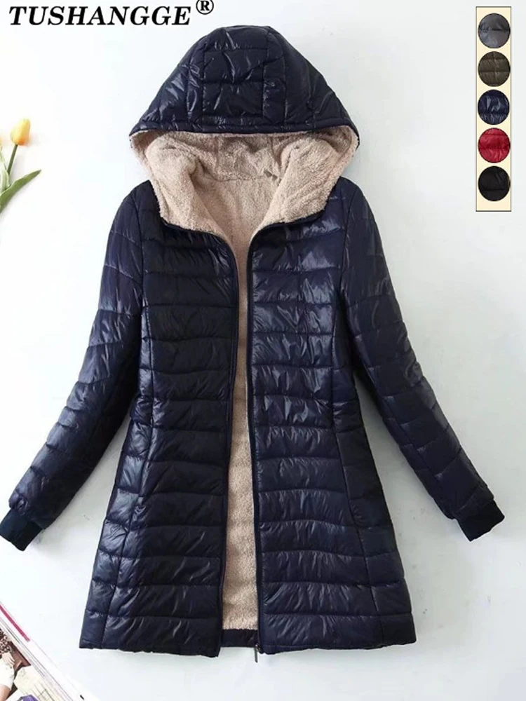 Nuova edizione coreana di media lunghezza con cappuccio giacche da donna autunno inverno cappotti di cotone da ufficio di media lunghezza caldo parka in pile di agnello