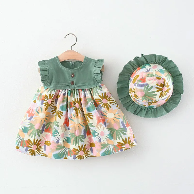 Sommer Baby Mädchen Kleid Blume und Blatt drucken kleine fliegende Ärmel Kleid Mädchen niedlichen Prinzessin Kleid mit Hut Image
