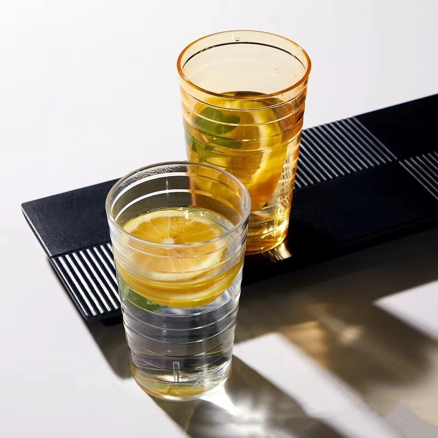 5 Stück transparenter Kunststoff-Anti-Fall-Kaltwasserbecher, farbiger Restaurant-Wasserbecher, Bierbecher, leicht zu tragender Getränkebecher Image