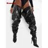 Damen Breite Slouch Plissee Stiefel Oberschenkel High Heel Stiefel Schwarz Helles Leder Stiletto Spitze Lange Stiefel Winter Luxus Warme Schuhe