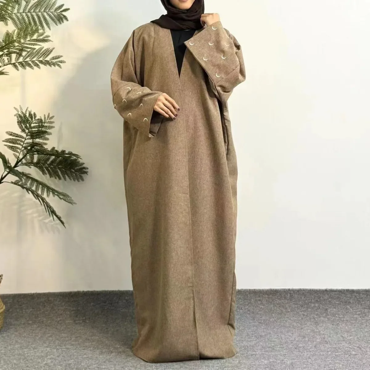Muslimische Mond Stickerei offene Front Abaya Langarm Maxi langes Kleid Damen bekleidung Strickjacke Abayas Kaftans Frauen Jilbabs Image