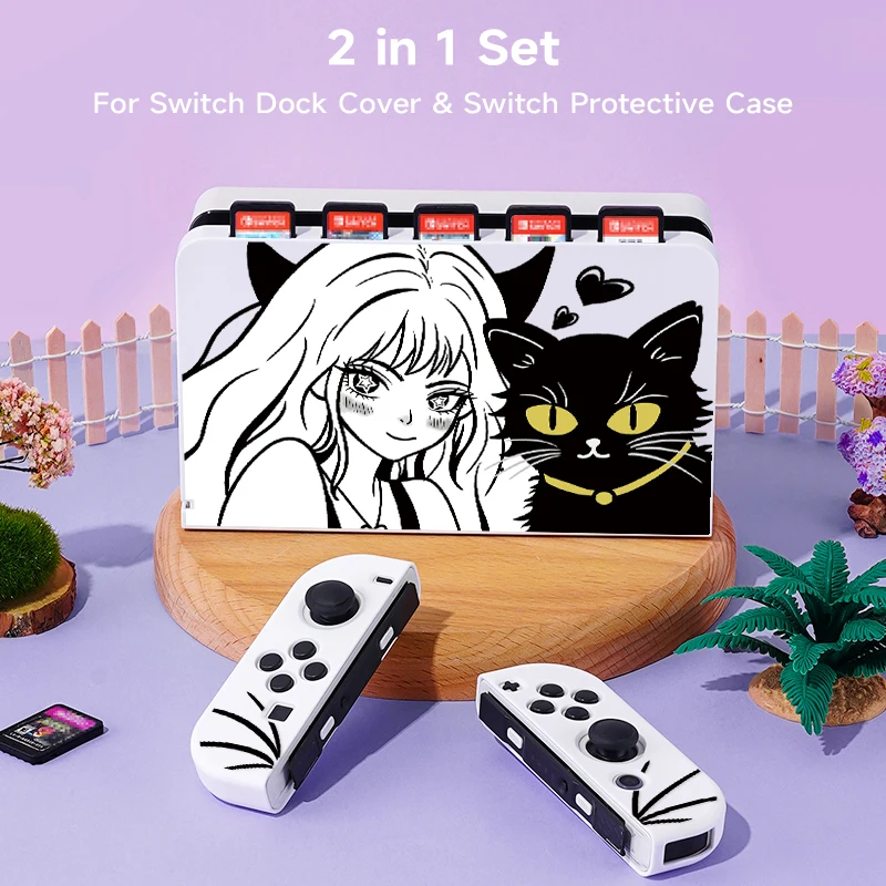 2 Stück Schönheit und das Katzen thema Muster Schutzhülle mit Basis abdeckung für Schalter oled/Schalter ns, können 5 Spielkarten speichern Image