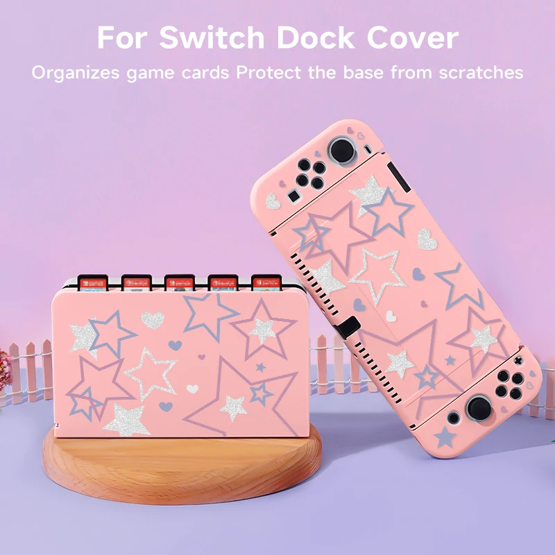 2-teiliges Schutzhülle mit Herz-des-Stars-Themenmuster und Basisabdeckungsset für Switch OLED/Switch NS, kann 5 Spielkarten speichern Image