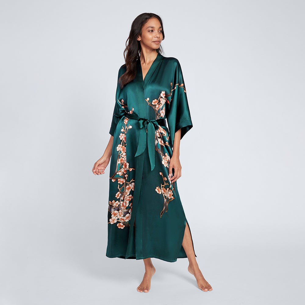 KIM+ONO Kimono Robe | Silk Handpainted Cherry Blossom Long Kimono Robe | Silk | Emerald | Long