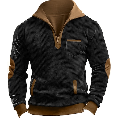 Herren Waffel-Sweatshirt Kapuzenpullover mit Waffelmuster Zip Up Sweatshirt Zur Seite fahren Schwarz Marineblau Stehkragen Glatt Tasche Arbeit Sport Natur Casual Aktiv Vintage Cool Frühling Herbst Image