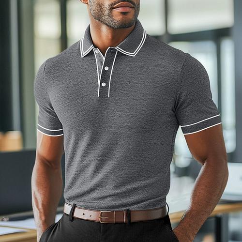 Men's Polo Shirts Golf Shirt Work Business Ribbed Polo Collar Classic Short Sleeve Basic Modern Solid Color Patchwork Buttons Spring Summer Regular Fit Light Blue Black Burgundy Navy Blue Royal