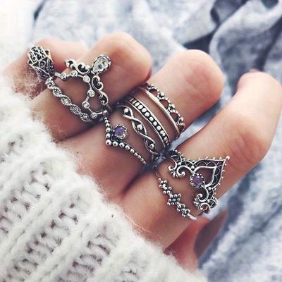 TEMU Women's Fashion Ring Set Hollow Twist Palm Crown Joint Ring Decoration Small Gift Image