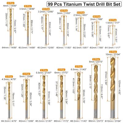 TEMU 99pcs High Titanium Coated Drill Bit Set, 135 Degree Tip Hss Bits Round Shank Kit For Aluminum, Copper, Soft Alloy Steel, Wood, Plastic Size From 1.5-10mm Image