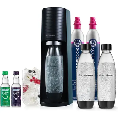 Terra Sparkling Water Maker Bundle (Black), with CO2, DWS Bottles, and Bubly Drops Flavors