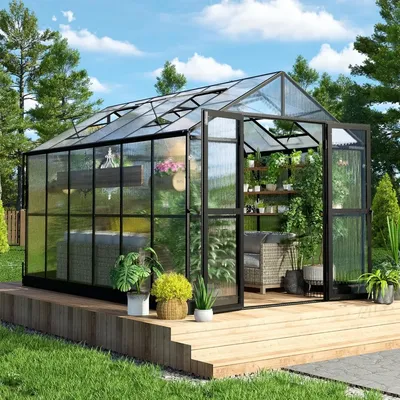 Polycarbonate Greenhouse Double Swing Doors 4 Vents 5.2FT Added Wall Height, Walk-in Large Aluminum