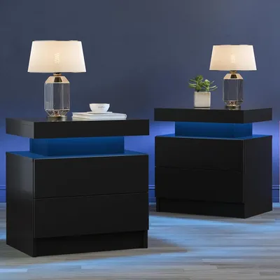 Black Nightstand LED Set of 2 Black Bedside Table LED Night Stand with LED Lights Modern End Side