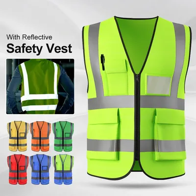 High Visibility Safety Vest with Pocket Reflective Strips Zipper Front Safety Vest for Construction