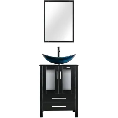 24" Modern Bathroom Vanity Sink Combo Black Stand Cabinet with Blue Boat Tempered Glass Vessel Sink