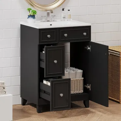 24 Inch Bathroom Sink, Standalone Single Basin Sink Set with Two Drawers and One Door, Modern Solid