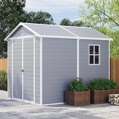 6 x 8 FT Outdoor Storage Shed, Resin Storage Shed with Floor & Lockable & Window Door for Patio