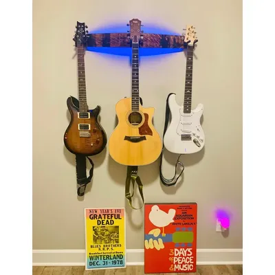 Woodworks Whiskey Barrel Stave 3-Guitar Wall Mount with LED Lights |Instrument Mount for Guitar,