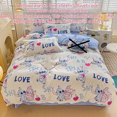 TEMU 4pcs Stitch-themed Bedding Set, Polyester Woven, Includes Duvet Cover, Bed Sheet, And 2 Pillowcases, No Pillow And Quilt , Ideal For Christmas, Birthday, Halloween, New Year, Day Gift