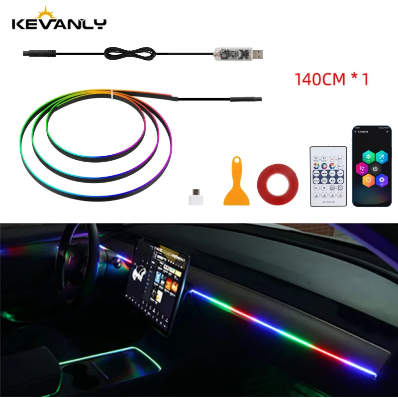 KEVANLY 140/55,1 Zoll Auto Umgebungslichter 1in1 Universal LED Symphony RGB Atmosphäre Lampe USB APP Fernbedienung für Tesla Modell 3 Y S X Image