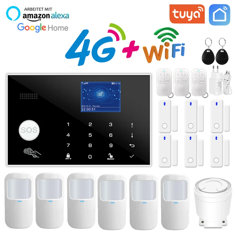 Tuya Wifi 4G Hause Einbrecher Alarm System RFID Karte TFT Touch Tastatur 11 Sprachen Smart Leben APP 433 MHz Drahtlose Tür Öffnen Sensor Image