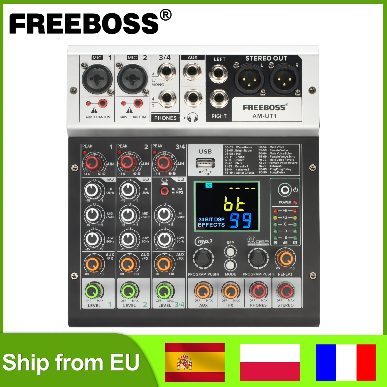 Freeboss 99 Effekt 4-Kanal-Mischpult 48V Bluetooth-Sound Audio-DJ-Mixer USB-Play-PC-Rekord für Karaoke-Home-Party-AM-UT1 Image