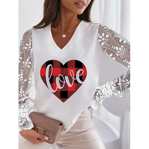 maglietta da donna a forma di cuore con pizzo e cuciture, maglia elegante, moda, patchwork in pizzo, manica a lanterna, manica lunga, top normali, scollo a V, festa, San Valentino