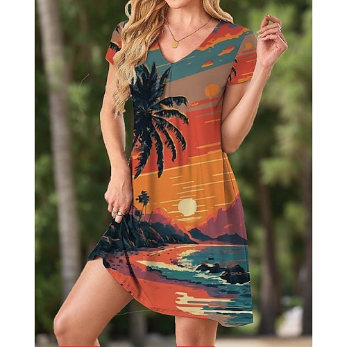 Abito Mini Donna Abito Casual Abito Petite Abito T Shirt Abito Tee Abito Shift Abito Festa Elegante Boho Vacanza Festa Casual Fit Largo Tropicale Manica Corta Collo a V Arancione Primavera Autunno