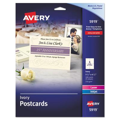 Avery Printable Postcards, Inkjet/Laser, 74 lb, 4.25 x 5.5, Ivory, 100 Cards, 4 Cards/Sheet, 25 Sheets/Box (AVE5919) Pack of 100 Avery® Greeting Cards