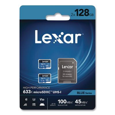 Lexar High Performance BLUE Series microSDXC Memory Card with Adapter, UHS-I V30 U1 Class 10, 128 GB, 2/Pack (LXRLSDMI128B2U6) Each Lexar™ Memory Card