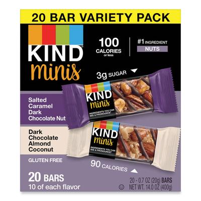 KIND Minis, Salted Caramel and Dark Chocolate Nut/Dark Chocolate Almond and Coconut, 0.7 oz, 20/Pack (KND27970) Pack of 20 Meals & Snack Bars