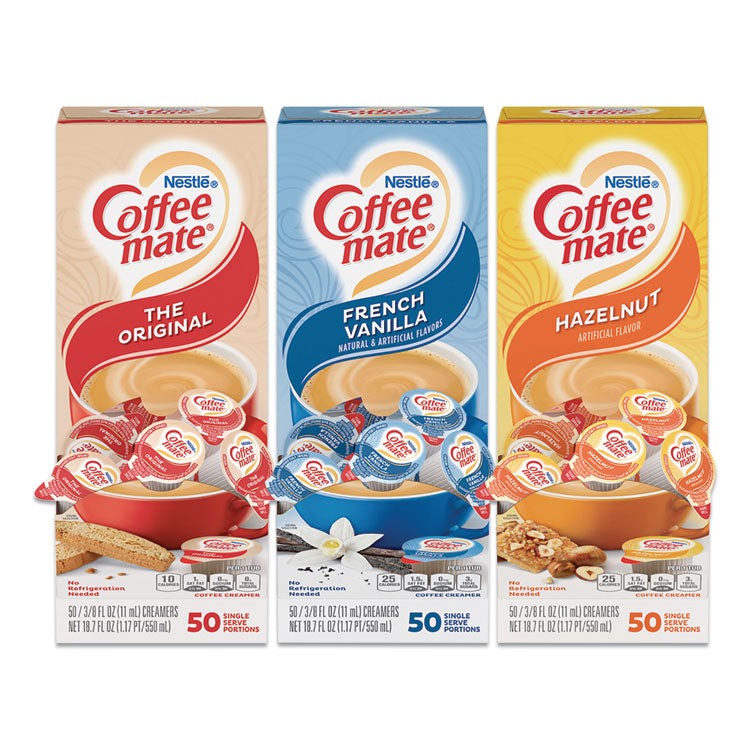 Coffee mate Liquid Coffee Creamer, French Vanilla/Hazelnut/Original, 0.38 oz Mini Cups, 150 Cups/Carton (NES46193CT) Case of 150 Coffee mate® Creamers