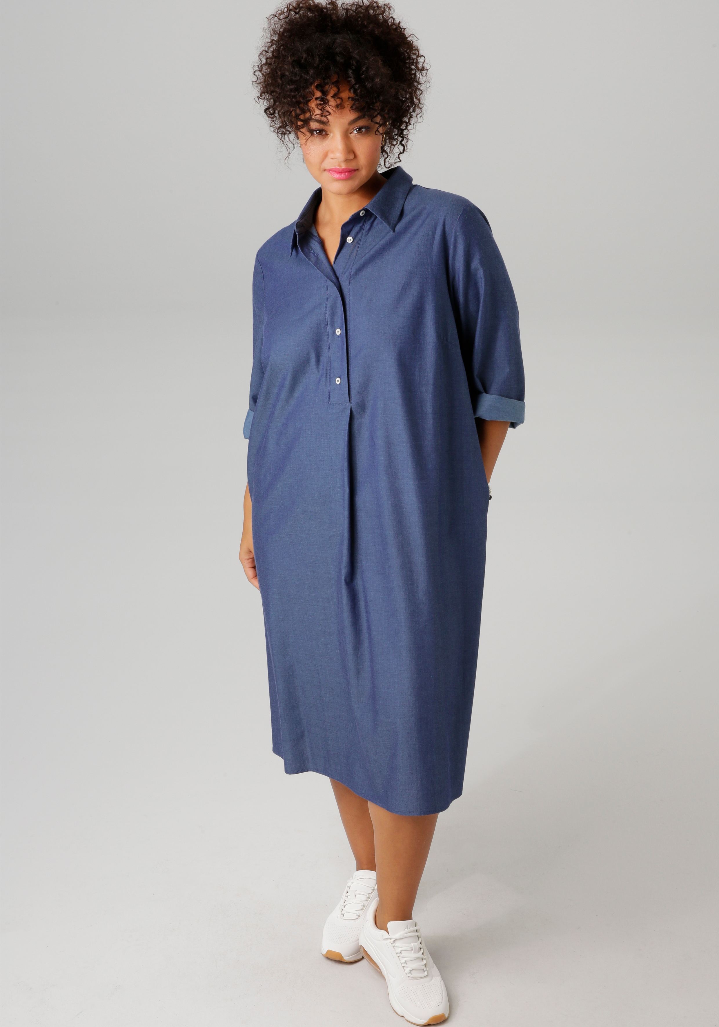 Jeanskleid ANISTON PLUS, Damen, Gr. 52, N-Gr, blau (jeansblau), Web, Obermaterial: 100% Baumwolle, unifarben, Modisch, figurumspielend knieumspielend, Krempelärmel, Kleider, mit Hemdkragen Image