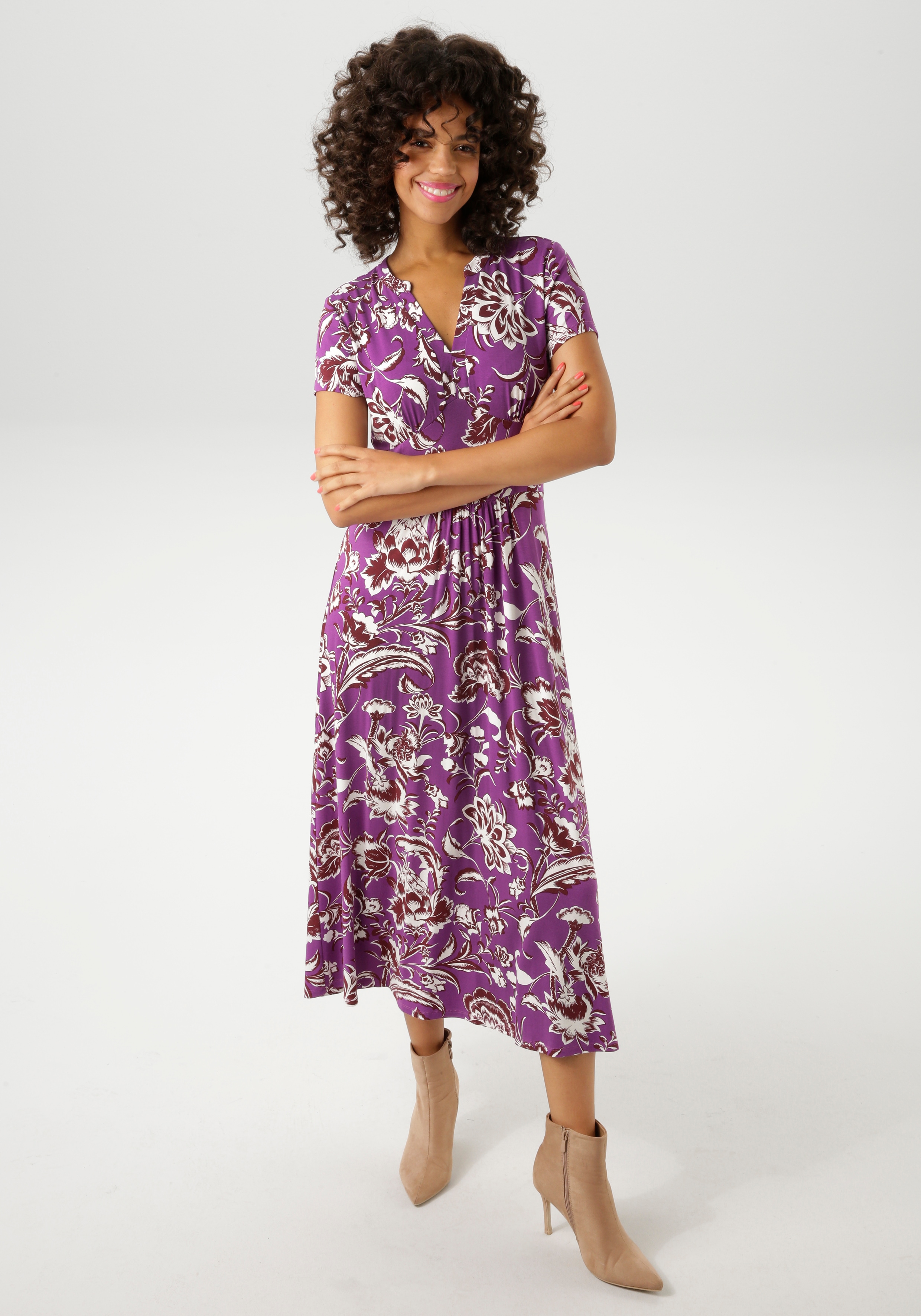 Sommerkleid ANISTON CASUAL, Damen, Gr. 38, N-Gr, lila (lila, wollweiß, braun), Single Jersey, Obermaterial: 95% Viskose, 5% Elasthan, bedruckt, geblümt, figurumspielend wadenlang, V-Ausschnitt, Kleider Sommerkleid, mit großflächigem Blumendruck