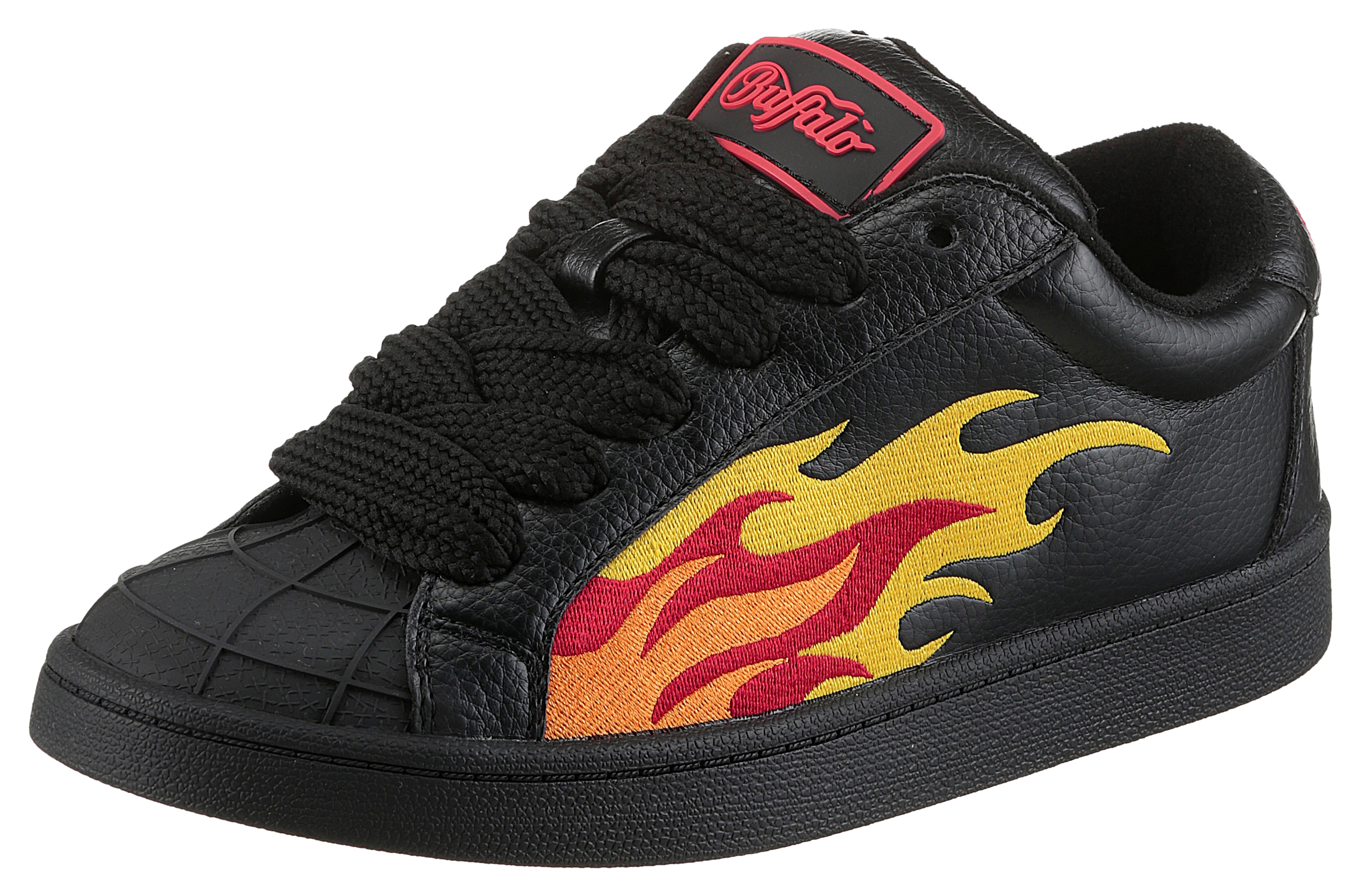 Sneaker BUFFALO "LIBERTY", Damen, Gr. 39, schwarz (schwarz, orange), Lederimitat, kontrastfarbene Details, Schuhe Sneaker, Freizeitschuh, Schnürschuh, Halbschuh mit trendigem Flammenmotiv